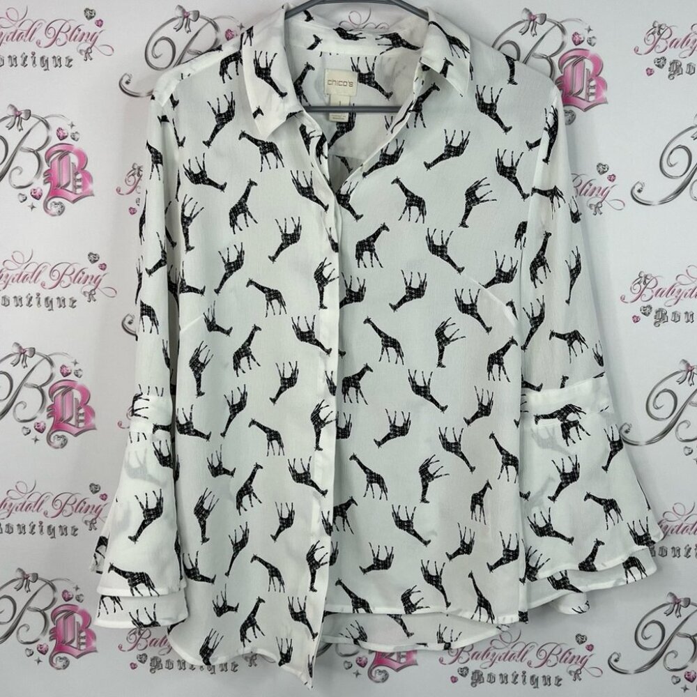 Chico's long sleeve ruffle hem Black White Animal Print Button Down Shirt